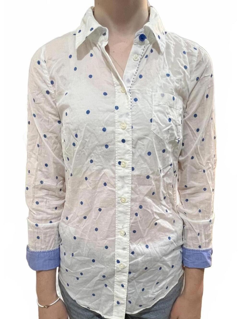 Vintage BODEN Polka Dot  Blouse | Mixed Media Chambray Trim & Hand-Stitch Detail